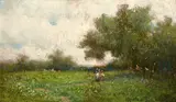 Milne Ramsey, Cloud shadows; In the meadow; Meadow flowers; Landscape with figures (4), first oil on panel, second oil on board, third oil on board, fourth oil on panel