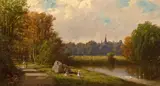 George L. Clough, An afternoon in the park, oil on canvas