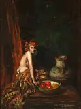 Indiana Gyberson, Woman with bowl of fruit, oil on board