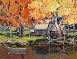 Walter Farndon, House by the river, Autumn, oil on canvasboard