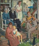 Paul Sample, Family on the front porch, oil on board