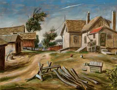 Roger Medearis, Farmyard, oil on masonite