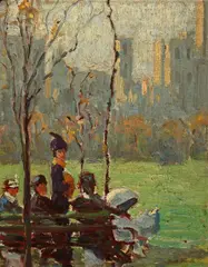 Alice Hirsch, Ladies admiring a new arrival, Riverside Park, 1913, oil on board
