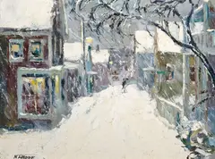 Nancy Whorf, Simon's Deli-Snow, oil on board
