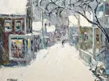 Nancy Whorf, Simon's Deli-Snow, oil on board