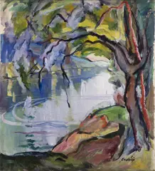 Tree by the River by Adalbert Erdely, Around 1930, Oil on canvas, sold Dec 2020