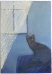 Otakar Mrkvička, Cat in the Window, 1940s, Oil on canvas on cardboard