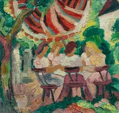 Fritz Schaefler, Kaffeetisch unter dem Sonnenschirm, 1930er, Mischtechnik auf Karton