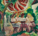 Fritz Schaefler, Kaffeetisch unter dem Sonnenschirm, 1930er, Mischtechnik auf Karton