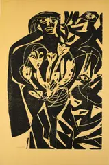 HAP Grieshaber, Schwarze Figur mit Tulpen, 1964, Holzschnitt auf dünnem, gelblichem Japan