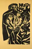 HAP Grieshaber, Schwarze Figur mit Tulpen, 1964, Holzschnitt auf dünnem, gelblichem Japan