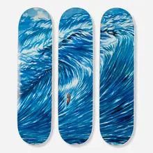 Raymond Pettibon, No Title (The bright flatness) (triptych), inkjet in colors on paper over 7-ply maple wood skateboard