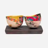 Bennett Bean, Double Vessel, c. 2000, pit-fired, painted, and gilt earthenware, glazed earthenware base
