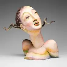 Patti Warashina, Portrait No. 5 (from the Rome series), 2000, low-fired clay, underglaze, glaze, wood
