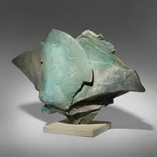 Paul Soldner, Pedestal Piece, c. 1985, slab-built and raku-fired earthenware, painted wood base
