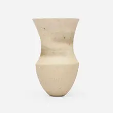 Jennifer Lee, Pale pot, speckled, buff spiral curved neck, 1983, hand-built colored stoneware with oxides