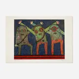 Enrico Baj, Riunione della C.I.A. nel bosco, 1973, screenprint in colors with glitter and flocking