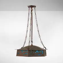 Ernest Batchelder and Douglas Donaldson, Rare chandelier similar to an example from the Batchelder House, Arroyo Seco, c. 1910, patinated hand-hammered copper, stained glass