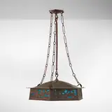 Ernest Batchelder and Douglas Donaldson, Rare chandelier similar to an example from the Batchelder House, Arroyo Seco, c. 1910, patinated hand-hammered copper, stained glass