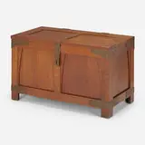 Early single hasp-form bridal chest by Gustav Stickley, c. 1902, oak, copper, cedar, sold Dec 2022