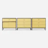 Steelframe cabinets, set of three by George Nelson & Associates, 1950, laminate, enameled steel, lacquered wood, aluminum, sold Sep 2021