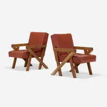 Chairs from Pop Pub, New York, pair by Ali Tayar, 2011, oak, leather, sold Sep 2021
