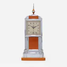 Manning Bowman & Co., Skyscraper clock, c. 1930, chrome-plated brass, Bakelite, glass, enameled brass