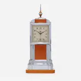 Manning Bowman & Co., Skyscraper clock, c. 1930, chrome-plated brass, Bakelite, glass, enameled brass