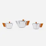 Manning Bowman & Co., Tea set, c. 1930, chrome-plated brass, Bakelite