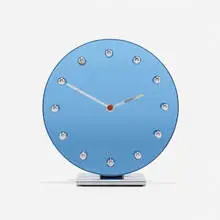 Gilbert Rohde, Table clock, model 4083A, 1933, glass, chrome-plated brass, matte chrome-plated steel, aluminum