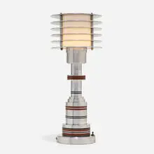 Pattyn Products, Table lamp, model 310, c. 1935, aluminum, Bakelite, frosted glass, brass