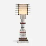 Pattyn Products, Table lamp, model 310, c. 1935, aluminum, Bakelite, frosted glass, brass