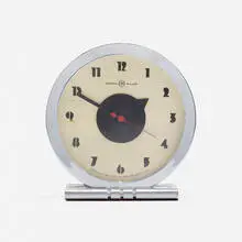 Gilbert Rohde, Table clock, model 4706, c. 1933, chrome-plated brass, glass, aluminum