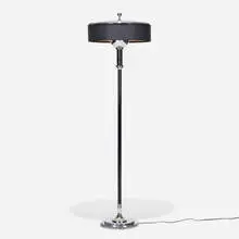 Floor lamp by Gilbert Rohde, 1933, aluminum, enameled aluminum, paper shade, enameled brass, chrome-plated brass, sold Sep 2021