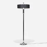 Gilbert Rohde, Floor lamp, 1933, aluminum, enameled aluminum, paper shade, enameled brass, chrome-plated brass