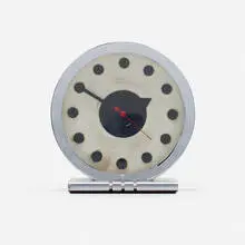 Table clock, model 4706 by Gilbert Rohde, c. 1933, chrome-plated steel, stainless steel, glass, aluminum, sold Sep 2021