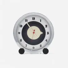 Gilbert Rohde, Table clock, c. 1930, chrome-plated and enameled brass, enameled aluminum, reverse-painted glass