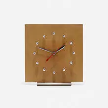 Gilbert Rohde, Table clock, c. 1940, mahogany, chrome-plated brass, chrome-plated steel, enameled aluminum