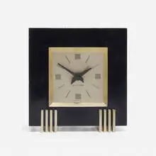 Henry Dreyfuss, Dickson table clock, c. 1933, lacquered wood, aluminum, glass