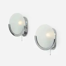 Machine Age, Sconces, pair, c. 1935, frosted glass, chrome-plated steel