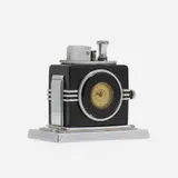 Ronson, Touch-Tip table lighter with clock, c. 1930, chrome-plated brass, enameled brass, glass