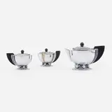 Manning Bowman & Co., Tea set, c. 1935, chrome-plated brass, Bakelite