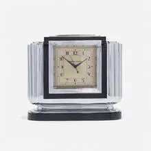 Manning Bowman & Co., Table clock, c. 1930, chrome-plated brass, Bakelite, glass
