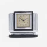 Manning Bowman & Co., Table clock, c. 1930, chrome-plated brass, Bakelite, glass