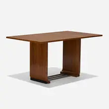 Gilbert Rohde, Console dining table, No. 3435, c. 1935, East Indian laurel, chrome-plated steel, lacquered wood