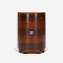 attribution Gilbert Rohde, Occasional table, c. 1935, East Indian laurel, Sequoia burl, aluminum