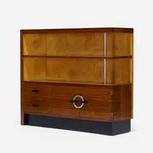 Bookcase, No. 3448 by Gilbert Rohde, 1934, East Indian laurel, maple, chrome-plated steel, lacquered wood, sold Sep 2021