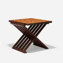 Occasional table, model 5425 by Edward Wormley, c. 1950, rosewood, Murano glass tiles, brass, sold Sep 2021
