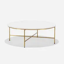 Irwin Collection coffee table, model 8713 by Paul McCobb, 1952, milk glass, brass, sold Sep 2021