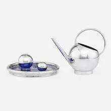 Russel Wright, Pancake and Corn set, c. 1935, chrome-plated brass, glass